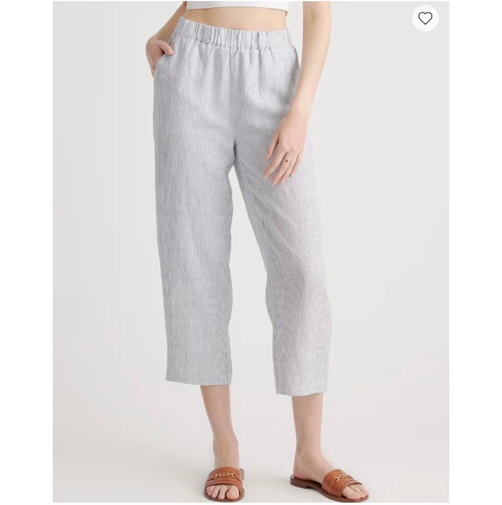 Quince Pants Womens Medium Blue Pinstripe 100% Europeans Linen Pull On Relaxed